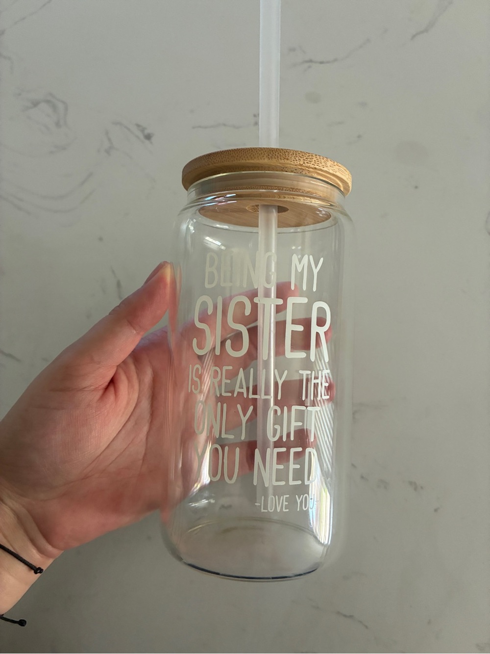 Being My Sister Glass Tumbler with Bamboo Lid & Straw – Sister Gift Cup